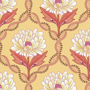 Bright and warm color graphical peony flowers on decorative backdrop  - mid size.