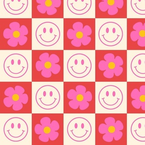 Smiley Flower Checker Red and Pink