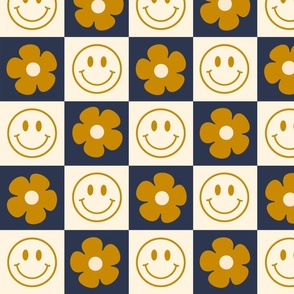 Smiley Flower Checker Navy and Mustard