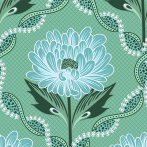 Graphical peony flowers with elaborated trellis - mint , blue and green  - large print