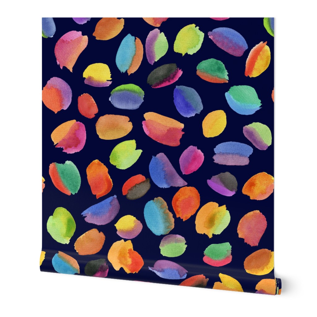 cute colorful rainbow watercolor scattered color splash marble playful multicolored  dots brushstrokes on navy blue dark background