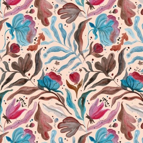 wild watercolor floral botanical design in beige blue, brown red and pink colors