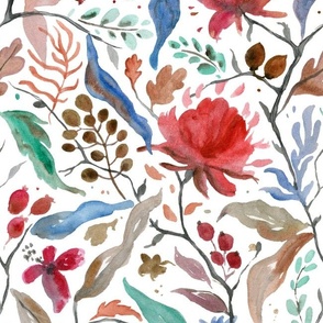 wild flowers and leafy woodland woods nature branches on white background, vintage style flowing trailing foliage flowers berries sprigs leaves, floral botanical hand painted watercolor pattern