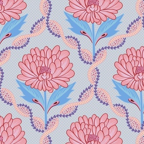 Pink graphical peony flowers on soft blue decorative trellis backdrop  - mid size.