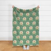 Graphical peony flowers on dark green decorative diagonal grid - mid size.