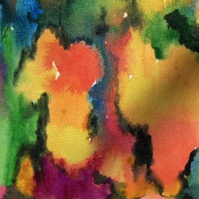 multicolored hand painted watercolor marbled abstract flowing liquid paints and ink texture design in yellow green magenta, orange red and blue colors