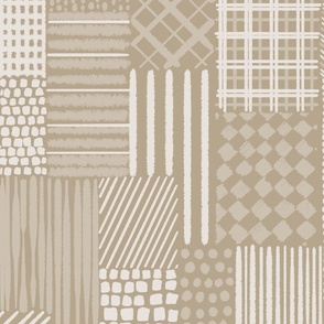 Sabbia Beige Cheater Quilt With Irregular Grid of  Stripes, Dots and Plaid Patterns, Large Scale, Monochromatic Sand