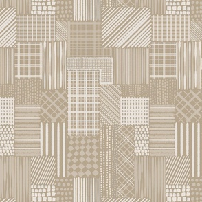 Sabbia Beige Cheater Quilt With Irregular Grid of  Stripes, Dots and Plaid Patterns, Small Scale, Monochromatic Sand