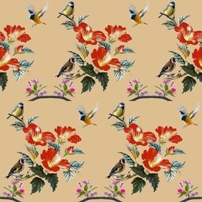 fleurs et oiseaux sur fond taupe orangé