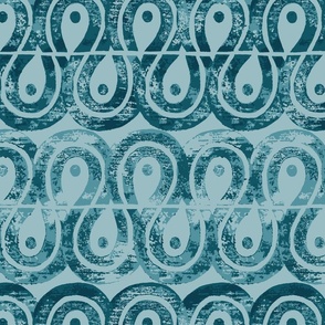 Hand-stamped Arches and Swirls - Geometric Block Print - Indigo on Cerulean Blue