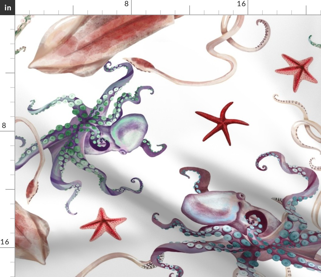 under the sea. Watercolor squid, octopus, starfish 1
