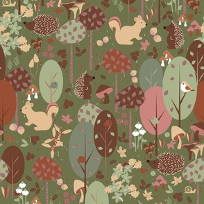 Medium / Woodland Wonderland - Olive Khaki Green - Retro - Earth Tones - Earth Colors - Wildlife - Forest - Whimsical - Hedgehog - Squirrels - Kids - Porcupine - Outdoors