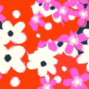 Midcentury Garden Flowers Red, White And Blue With Hot Pink Oil Painting Style Scandi Modern 60’s Independence Day 4th Of July Cheerful Bright Ditzy Floral Pattern
