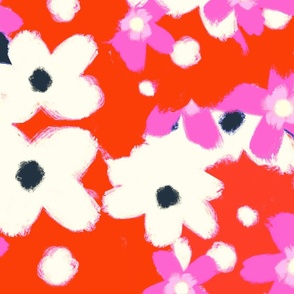 Big Midcentury Garden Flowers Red, White And Blue With Hot Pink Oil Painting Style Scandi Modern 60’s Independence Day 4th Of July Cheerful Bright Ditzy Floral Pattern