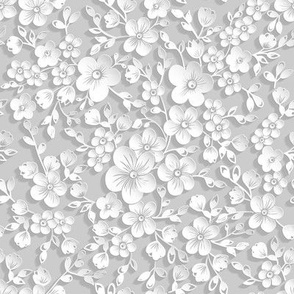 Soft White Sakura Flowers on Gray Floral Background