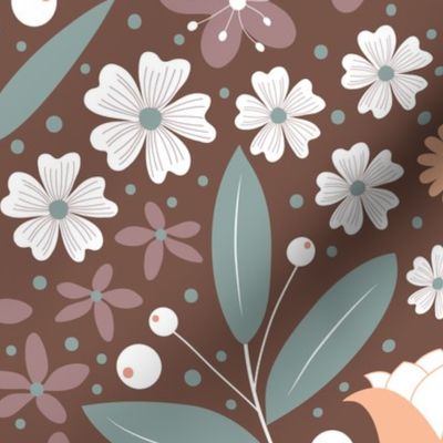 Large / Ethereal Blooms - Mocha Brown - Florals - Flowers - Botanicals - Nature - Roses - Tulips - Floral Wallpaper - Earth Tones