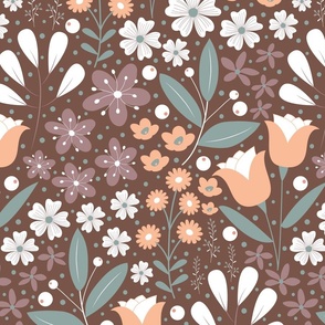 Large / Ethereal Blooms - Mocha Brown - Florals - Flowers - Botanicals - Nature - Roses - Tulips - Floral Wallpaper - Earth Tones