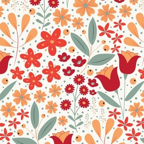 Large / Ethereal Blooms - Off-White - Florals - Flowers - Buttercups - Primrose - Red - Crimson - Botanicals - Nature - Roses - Tulips - Floral Wallpaper