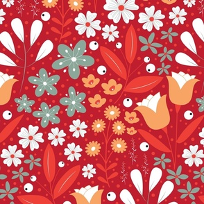 Large / Ethereal Blooms - Crimson - Florals - Flowers - Buttercups - Primrose - Red - Crimson - Botanicals - Nature - Roses - Tulips - Floral Wallpaper