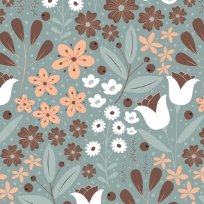 Large / Ethereal Blooms - Slate Green - Teal - Peach - Muted Colors - Florals - Flowers - Botanicals - Nature - Roses - Tulips - Floral Wallpaper
