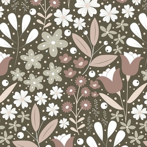 Large / Ethereal Blooms - Brown - Sage - Earth Colors - Florals - Flowers - Botanicals - Nature - Roses - Tulips - Floral Wallpaper