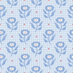 sketched flowers/blue and red on checkers