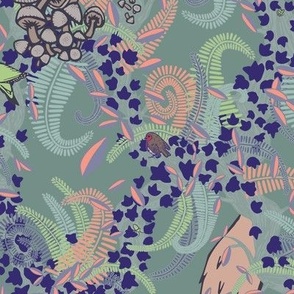 Flora, fauna and forest creatures “Ye Olde British Forest Biome” in lilac, fawns, peaches and purple.