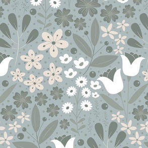 Large / Ethereal Blooms - Muted Aqua - Green - Florals - Flowers - Buttercups - Primrose - Botanicals - Nature - Roses - Tulips - Floral Wallpaper