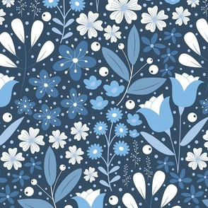 Large / Ethereal Blooms - Blue - Coastal - Monochromatic - Blue Nova - Navy Blue - Florals - Flowers - Buttercups - Primrose - Botanicals - Nature - Roses - Tulips - Floral Wallpaper