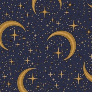 Celestial Moons and Stars Night Sky Blue and Gold