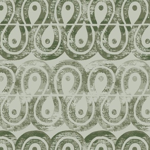 Hand-stamped Arches and Swirls - Geometric Block Print - Olive Green on Sage green