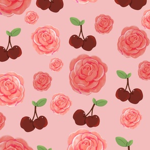 Cherries and Flowers Pink Background