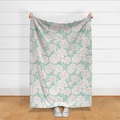 Medium - Painted peonies - Soft dusty Turquoise green and pink - soft coastal - painted floral - artistic light turquoise painterly floral fabric - spring garden preppy floral - girls summer dress bedding wallpaper