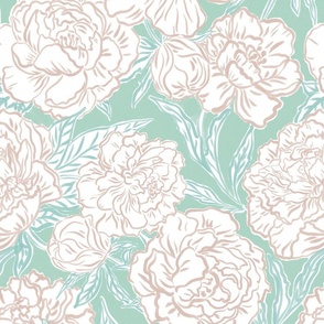 Medium - Painted peonies - Soft dusty Turquoise green and pink - soft coastal - painted floral - artistic light turquoise painterly floral fabric - spring garden preppy floral - girls summer dress bedding wallpaper