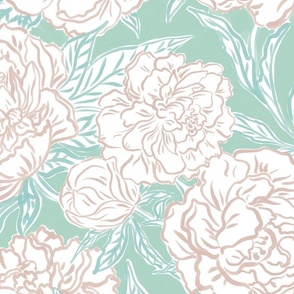 Large - Painted peonies - Soft dusty Turquoise green and pink - soft coastal - painted floral - artistic light turquoise painterly floral fabric - spring garden preppy floral - girls summer dress bedding wallpaper