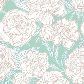 Small - Painted peonies - Soft dusty Turquoise green and pink - soft coastal - painted floral - artistic light turquoise painterly floral fabric - spring garden preppy floral - girls summer dress bedding wallpaper