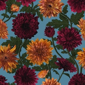 Marvelous Mums  Chrysanthemum Pattern in Sky Blue