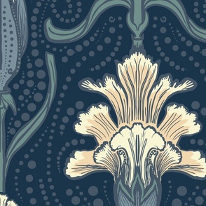 Peach and Cream Carnation Flower and Bud, Large Scale, Navy Background, dot details, Art Nouveau, Arts and Crafts, Traditional Floral Wallpaper, Upholstery
