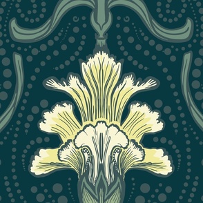 Cream and Yellow Carnation Flower and Bud, Large Scale, Dark Green Background, dot details,Art Nouveau, Arts and Crafts, Traditional Floral Wallpaper, Upholstery