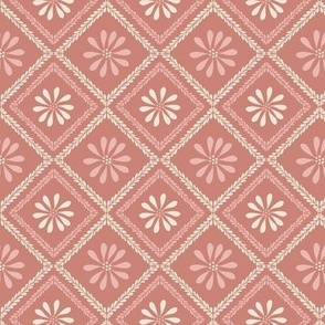 Cozy block printing inspired floral lattice in berry pink, light pink, and beige large PCozyBerry100