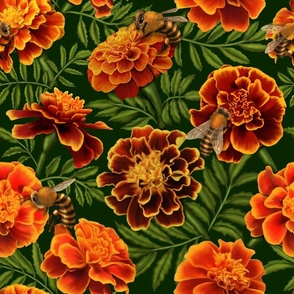 Marigold Mirage Marigolds and Honey Bees Pattern in Forest Green