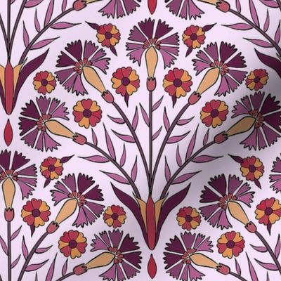 Art Deco Carnations in Purple, Orange and red, medium scale ii, Turkish, Iznik