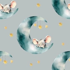 sleeping mouse on the moon in stars - grey blue color