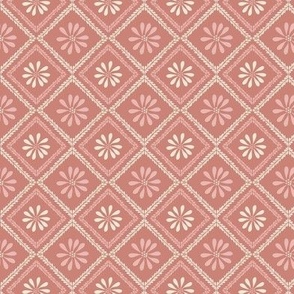 Cozy block printing inspired floral lattice in berry pink, light pink, and beige medium