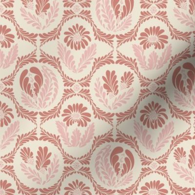 Cheerful block printing inspired floral motif in berry pink, light pink, and beige medium