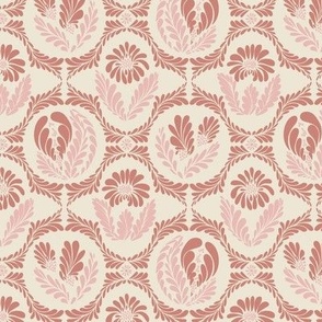Cheerful block printing inspired floral motif in berry pink, light pink, and beige medium