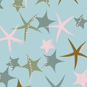 515 - Large scale Under the sea star fish in teal, brown and pink with polka dot accents - for kids apparel, dresses, leggings, adventure decor, nursery wallpaper, cot linen and baby accessories