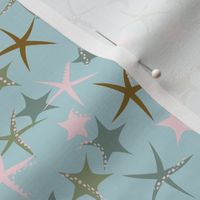 515 - $  Small scale Under the sea starfish galore in teal, pink and old gold - for kids apparel, dresses, leggings, adventure decor,  nursery wallpaper, cot linen and baby accessories