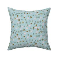 515 - $  Small scale Under the sea starfish galore in teal, pink and old gold - for kids apparel, dresses, leggings, adventure decor,  nursery wallpaper, cot linen and baby accessories