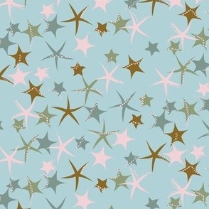 515 -  Small scale Under the sea starfish galore in teal, pink and old gold - for kids apparel, dresses, leggings, adventure decor,  nursery wallpaper, cot linen and baby accessories